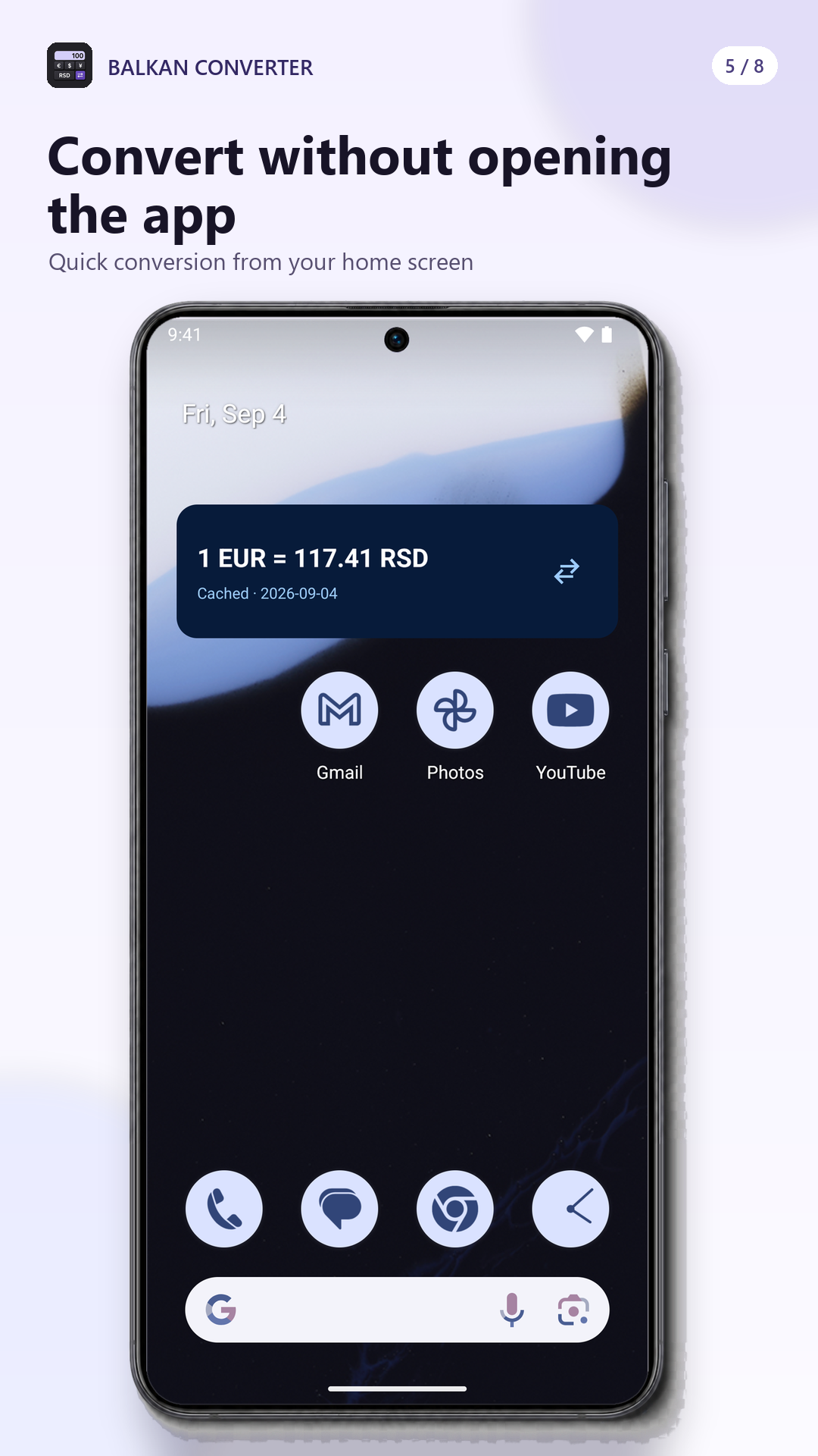 Balkan Converter production currency widget showing a cached EUR to RSD rate on an Android home screen