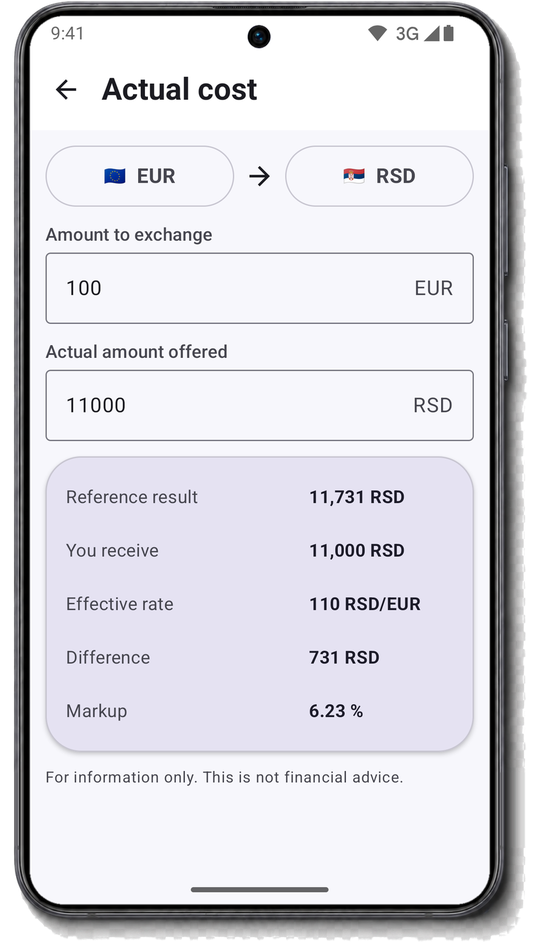 Actual Cost screen comparing an exchange quote and fees with the reference rate