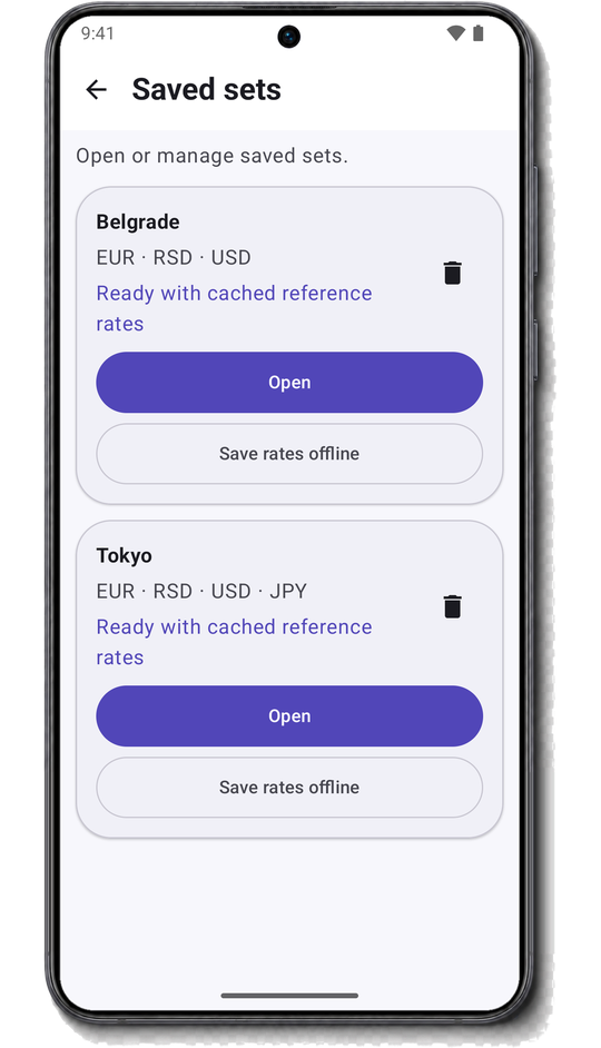 Saved Sets screen with trips ready for offline use