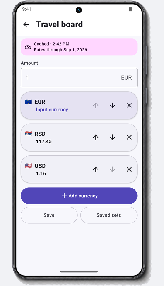 Travel Board showing several currencies with flags and reorder controls