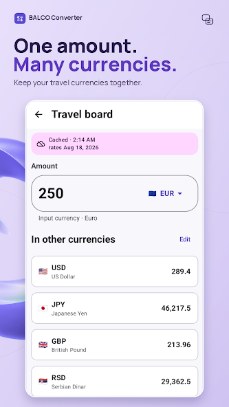 Travel board. Tap a currency to make it the base currency.